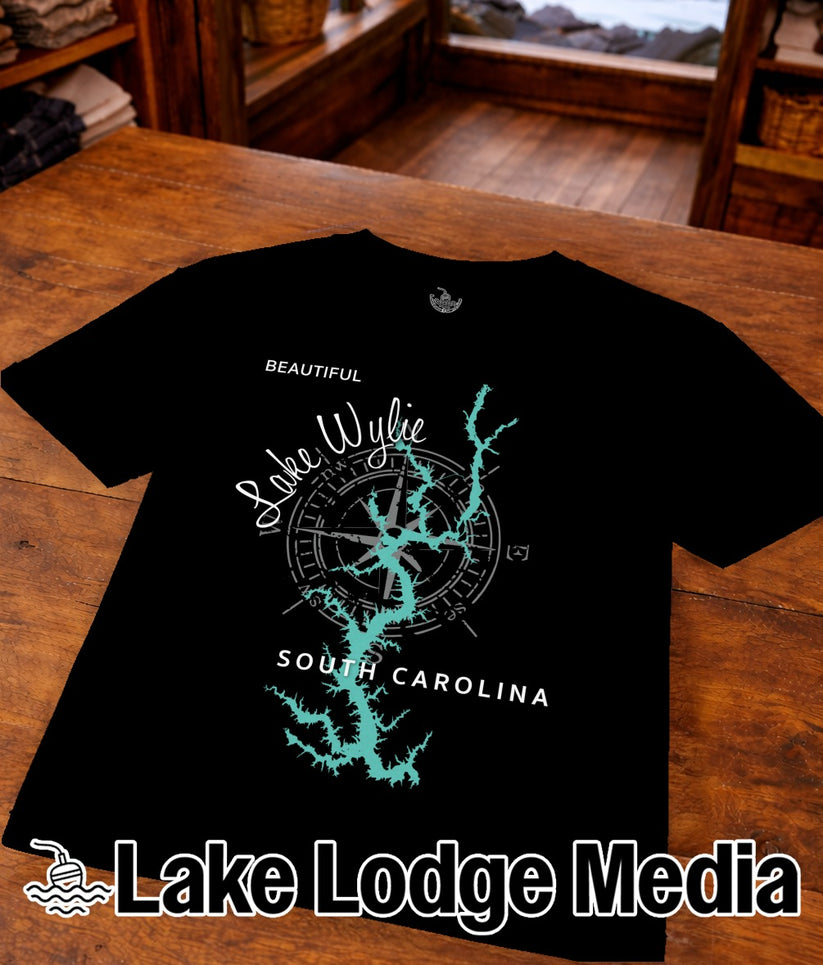 Black t-shirt with "Beautiful Lake Wylie South Carolina" and compass design.