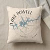 Pillow with Lake Powell map design and compass rose, text says "Lake Powell Utah".