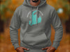 Gray hoodie with teal Merrill Creek Reservoir map graphic and text.