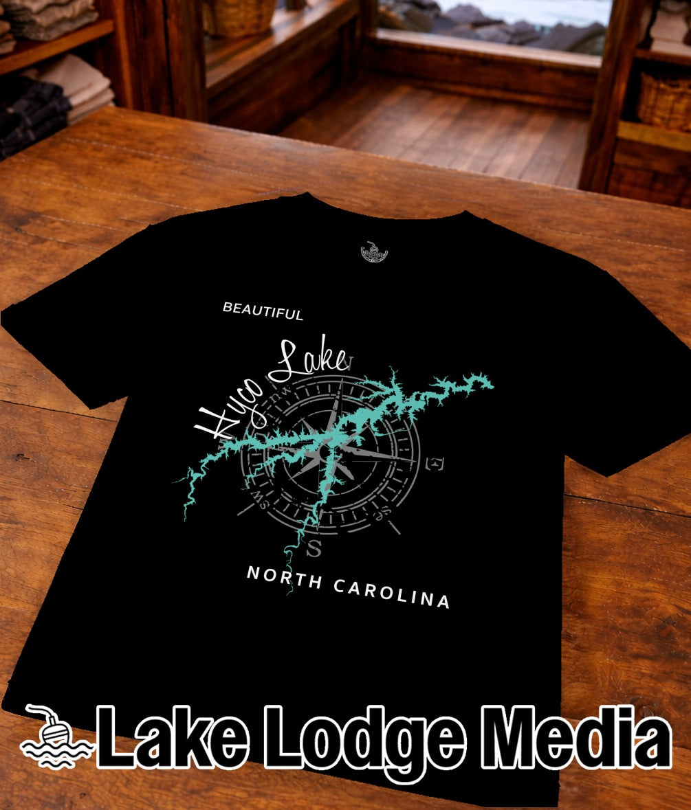 Black t-shirt with compass rose graphic and "Lake Norman North Carolina" text.