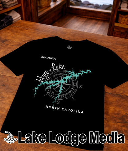 Black t-shirt with compass rose graphic and "Lake Norman North Carolina" text.