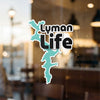 Turquoise silhouette overlays black text that reads "Lyman Life"