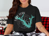 Black t-shirt with "Lake Fork Texas" and a teal lake map compass design.