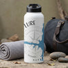 White water bottle with "LURE compass and map design" and "NORTH" text.