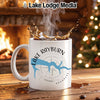 White mug with Lake Rayburn, Arkansas map and compass design, steaming hot drink.