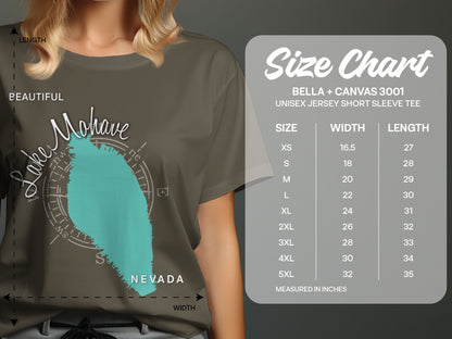 T-shirt with Lake Mohave graphic and size chart for Bella + Canvas 3001 tee.