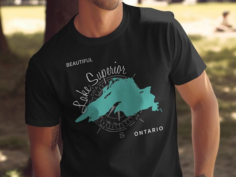 Black t-shirt with "Lake Superior Ontario" and compass design.