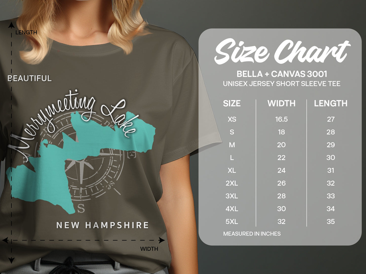 Bella + Canvas 3001 size chart for unisex short sleeve t-shirts.