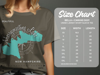 Bella + Canvas 3001 size chart for unisex short sleeve t-shirts.
