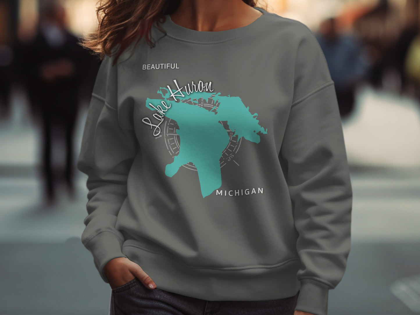 Gray sweatshirt with "Lake Huron Michigan" and map graphic.