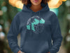 Navy hoodie with "Merry Meeting Lake New Hampshire" compass design and lake shape.