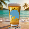 Glass of beer on a beach with "Lake Hefner" text and Oklahoma map graphic.