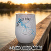 A white wine tumbler featuring a map and compass design for Nottely Lake, Georgia.