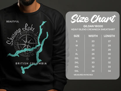 Sweatshirt with Shuswap Lake map and size chart for Gildan 18000 crewneck sweatshirt.