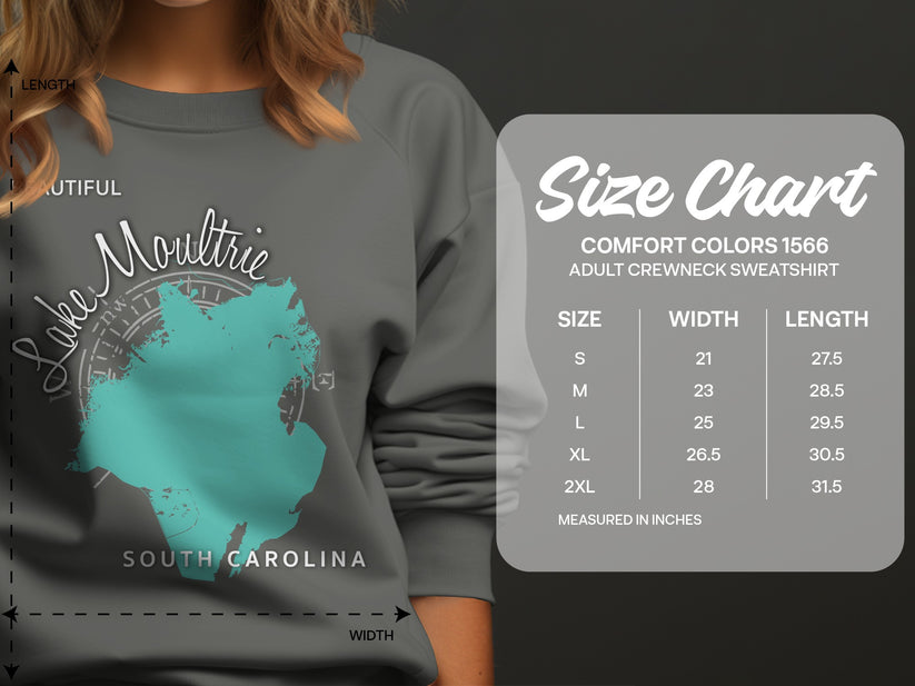 Lake Moultrie South Carolina on gray sweatshirt size chart with garment measurements.