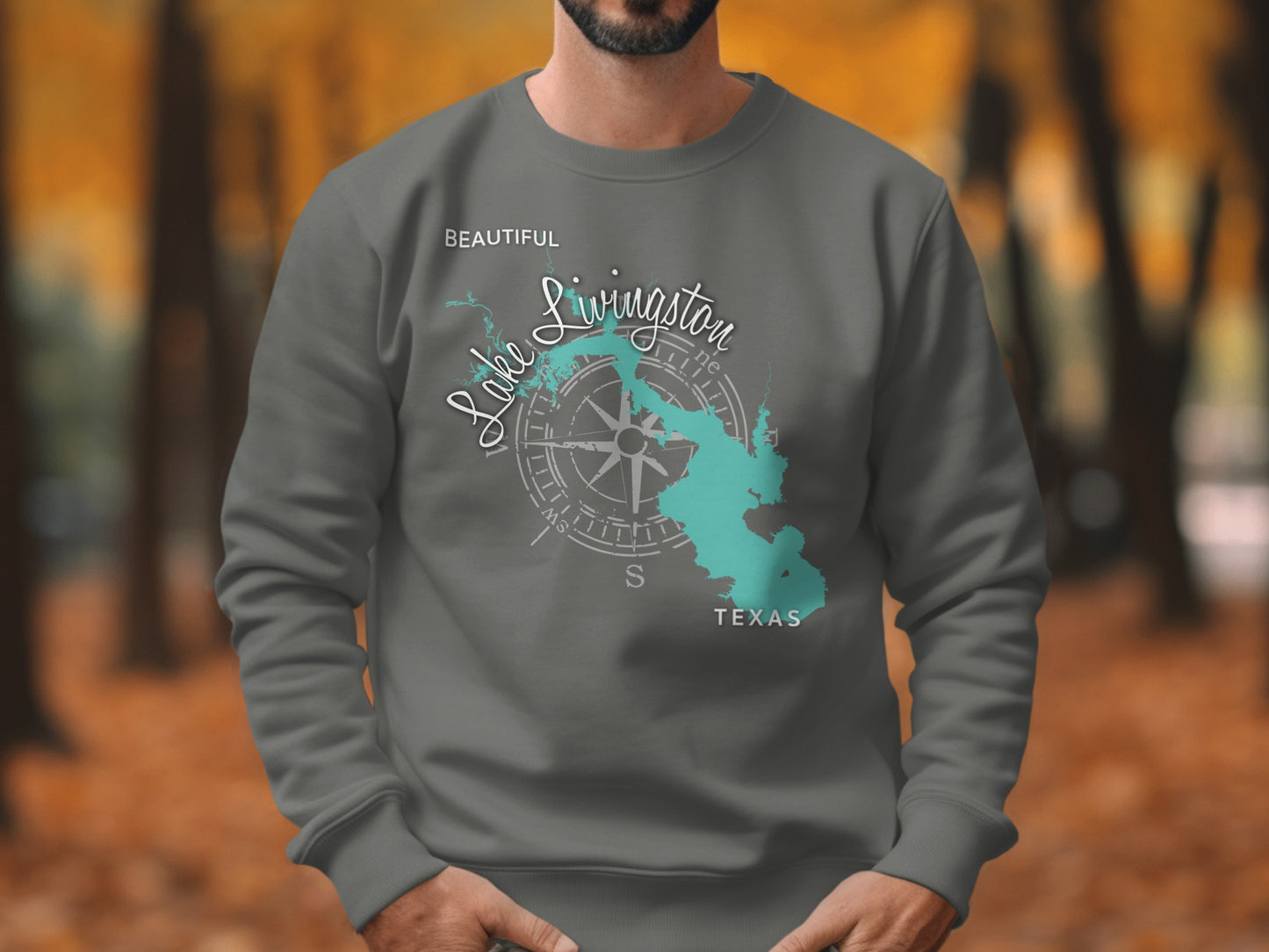 Grey sweatshirt with a compass rose and map of Lake Livingston, Texas.