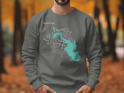 Grey sweatshirt with a compass rose and map of Lake Livingston, Texas.
