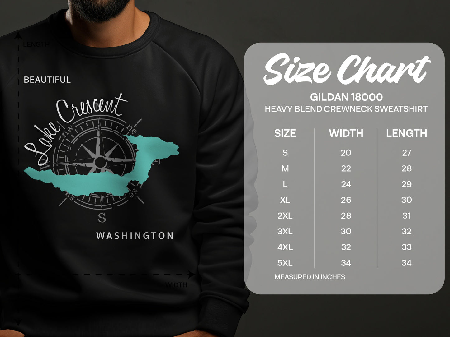 Crewneck sweatshirt size chart with lake and compass graphic.