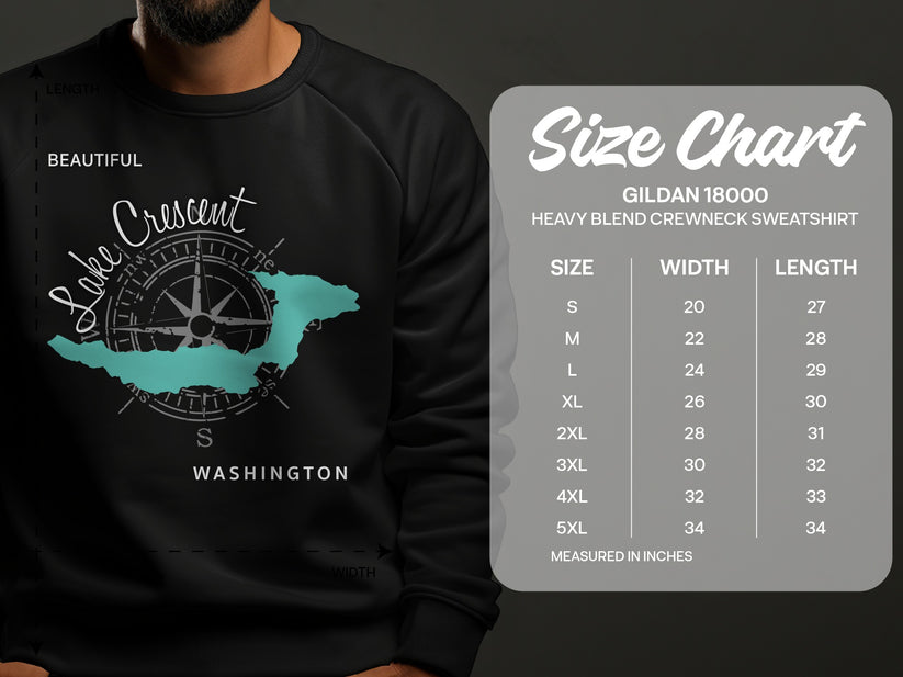 Crewneck sweatshirt size chart with lake and compass graphic.