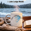 White mug with "Lake Charleston Ontario" map design, steam rising.