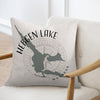 Throw pillow featuring a grey map of Hebgen Lake, Montana with a compass rose design.