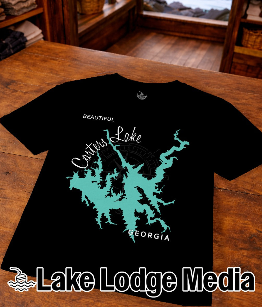 Black t-shirt with Carters Lake map and "Lake Lodge Media" logo.