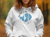 White hoodie with blue Mono Lake California graphic and compass design.