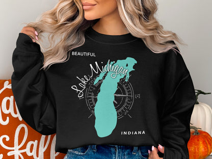 Black sweatshirt with turquoise outline of Indiana and text "Beautiful Lake Michigan Indiana".