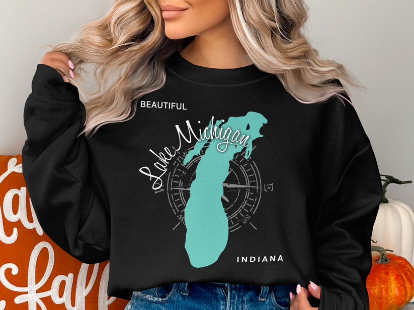 Black sweatshirt with turquoise outline of Indiana and text "Beautiful Lake Michigan Indiana".