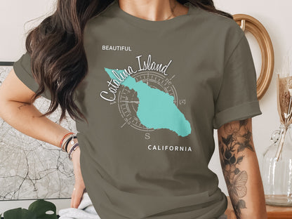 Catalina Island map on olive green t-shirt with "Beautiful Catalina Island CALIFORNIA" text.