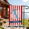 Pavlas Lake Wisconsin garden flag with red and white stripes and family name.