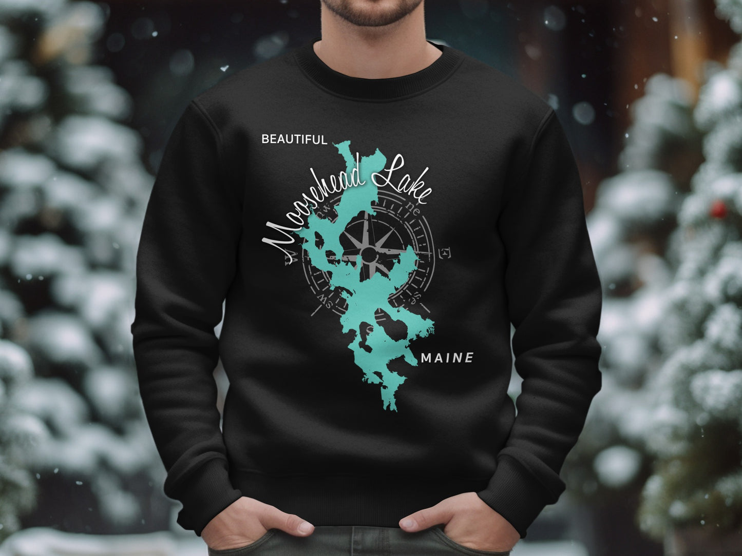 Black sweatshirt with teal Moosehead Lake map and compass graphic.