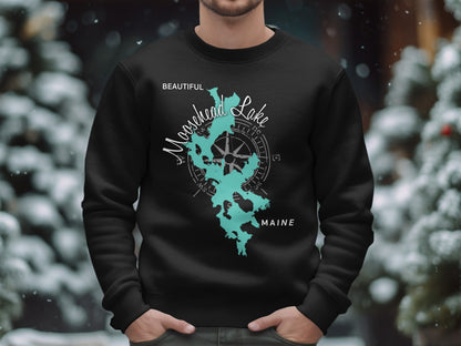 Black sweatshirt with teal Moosehead Lake map and compass graphic.