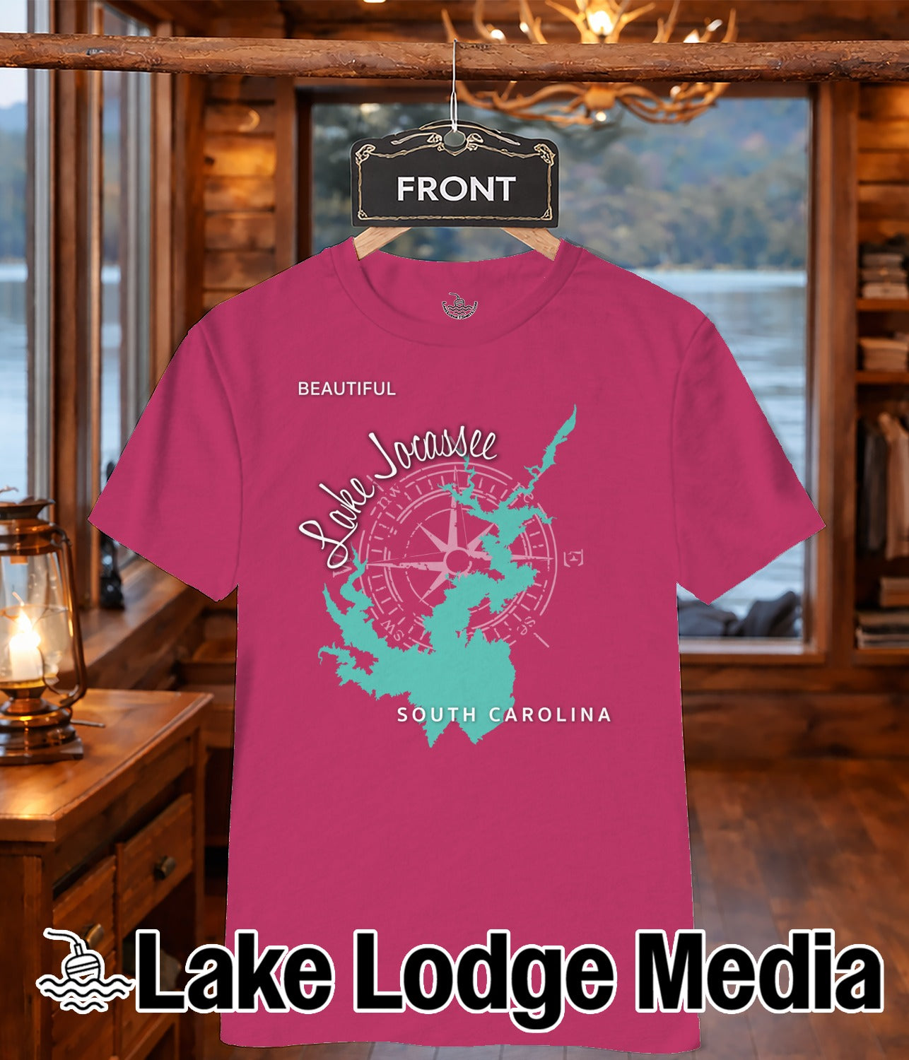 Pink t-shirt with "Lake Jocassee South Carolina" and a compass rose design.