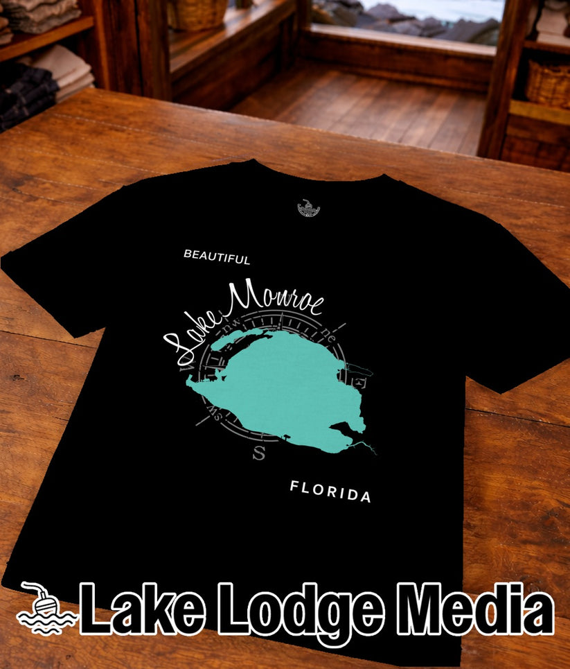 Black t-shirt with Lake Monroe, Florida map and compass rose graphic.