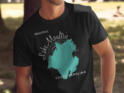 Black t-shirt featuring turquoise Lake Moultrie map and "South Carolina" text.