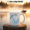 White mug with Castaic Lake map and compass graphic on a lake background.