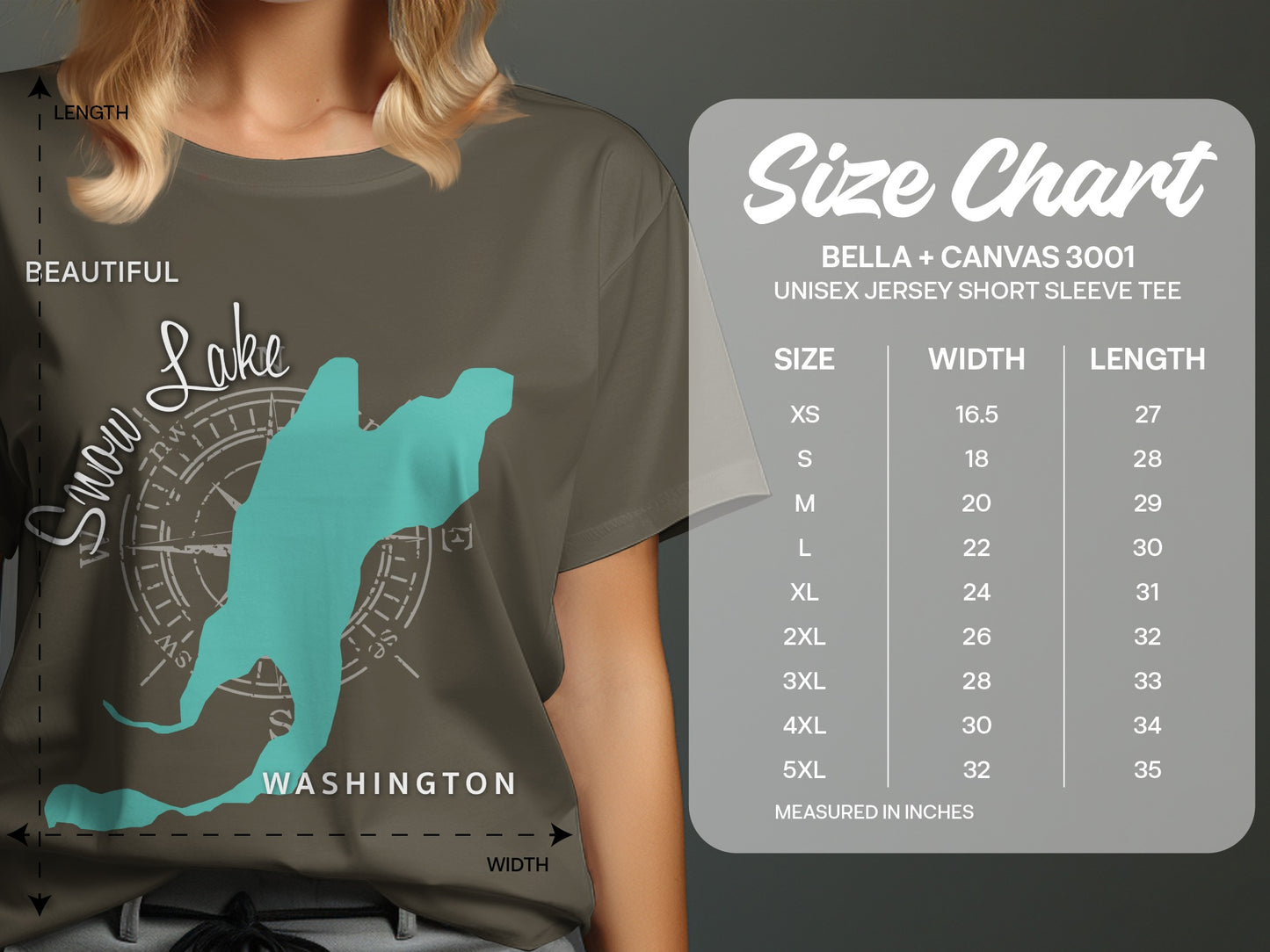 T-shirt size chart with measurements for Bella+Canvas 3001 unisex tee.