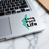 Teal map sticker with black text "Long Pond Life" on a laptop.