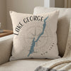 Decorative pillow featuring "Lake George New York" text and map outline on a compass background.
