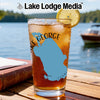 Glass of iced tea with a blue Lake George outline and lemon slice.
