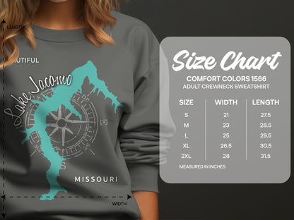 Size chart for Comfort Colors 1566 adult crewneck sweatshirt.