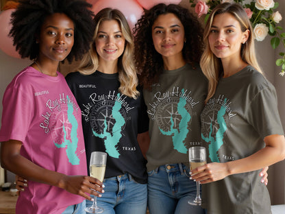 Four women wearing t-shirts with "Lake Ray Hubbard Texas" text and compass graphic.
