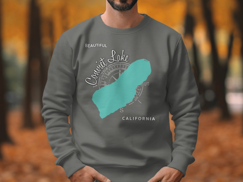 Grey sweatshirt featuring a teal outline of Convict Lake, California.
