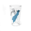 Clear glass pint glass with "Moraine Lake" text, blue lake silhouette, and compass graphic.