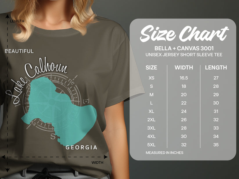 Lake Calhoun Georgia design on a Bella + Canvas 3001 size chart.