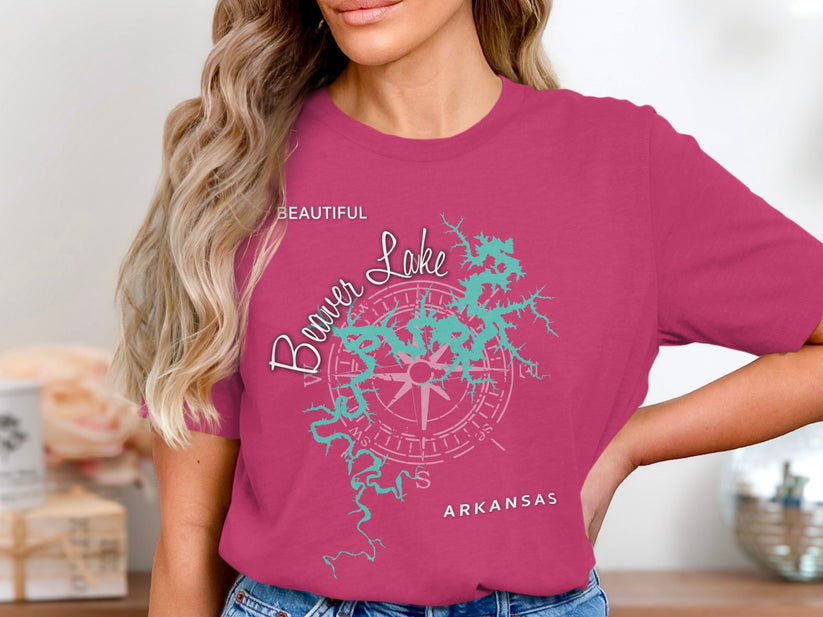 Pink t-shirt with "Beaver Lake Beautiful Arkansas" and compass graphic.