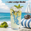 Glass with "Lake Murray" and lake outline, beach, sailboat, sunglasses, and striped pillow.