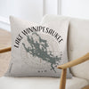 Pillow with Lake Winnipesaukee map and compass design, New Hampshire.
