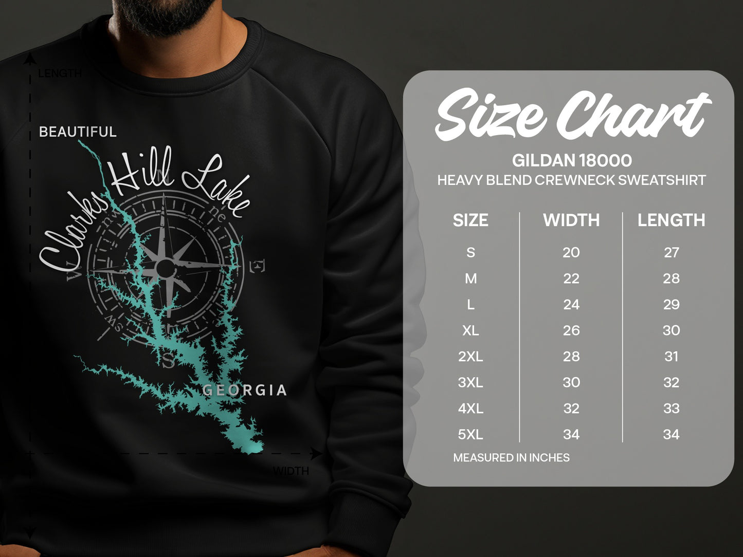 Crewneck sweatshirt with Clarks Hill Lake map and size chart.